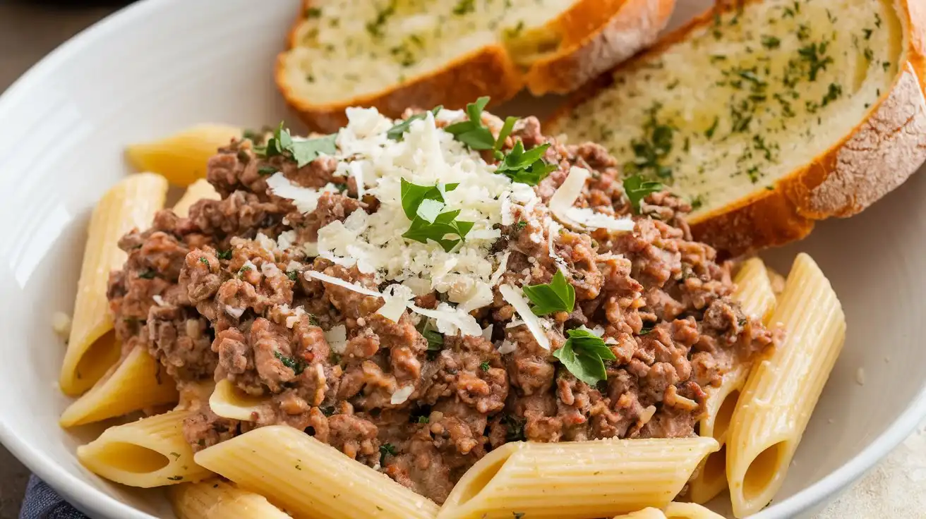 Cheesy Penne with Garlic Butter Ground Beef