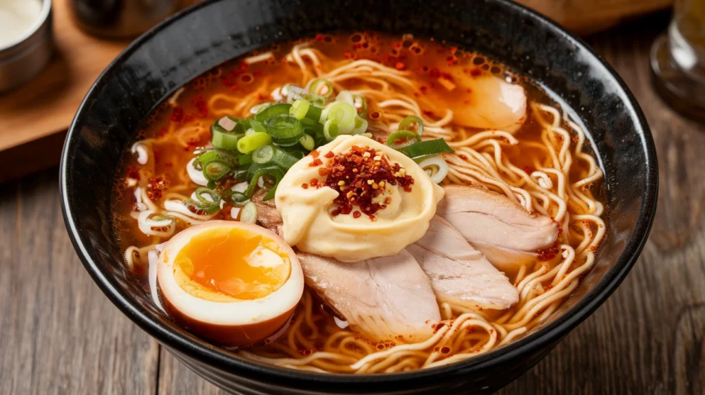 Fiery Chicken Ramen with Creamy Garlic Sauce