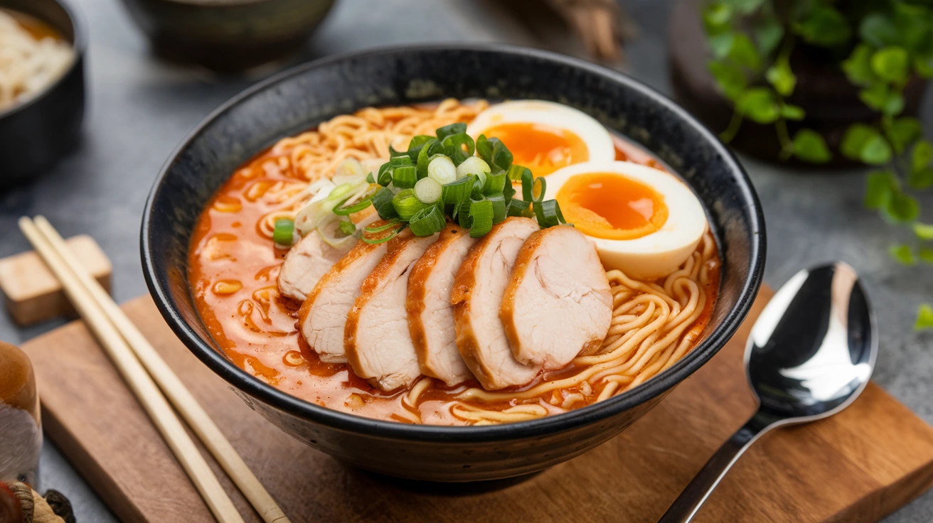 Fiery Chicken Ramen with Creamy Garlic Sauce