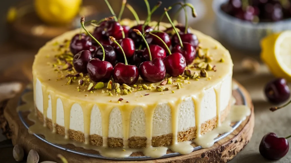 Luscious Lemon-Lime Cherry Pistachio Cheesecake